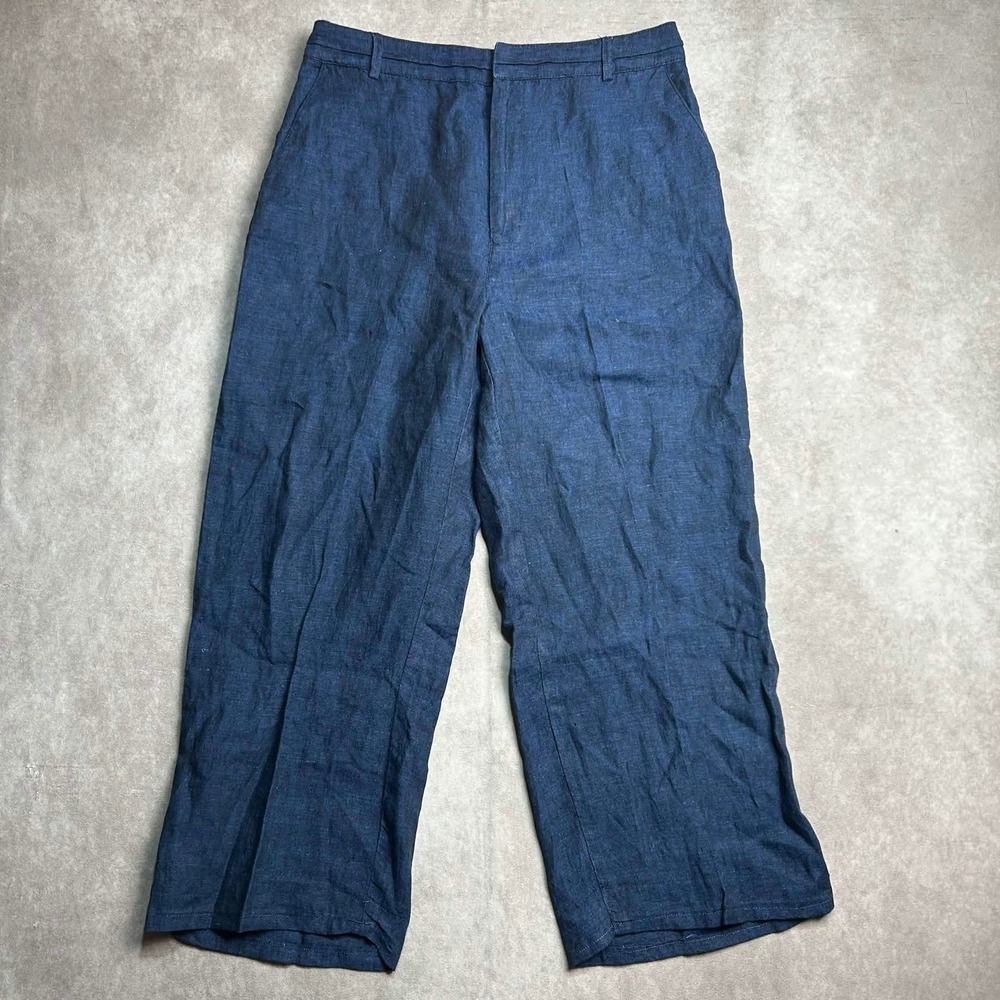 Zara Women XL Blue Linen Wide Leg High Rise Cropped Trousers Pants